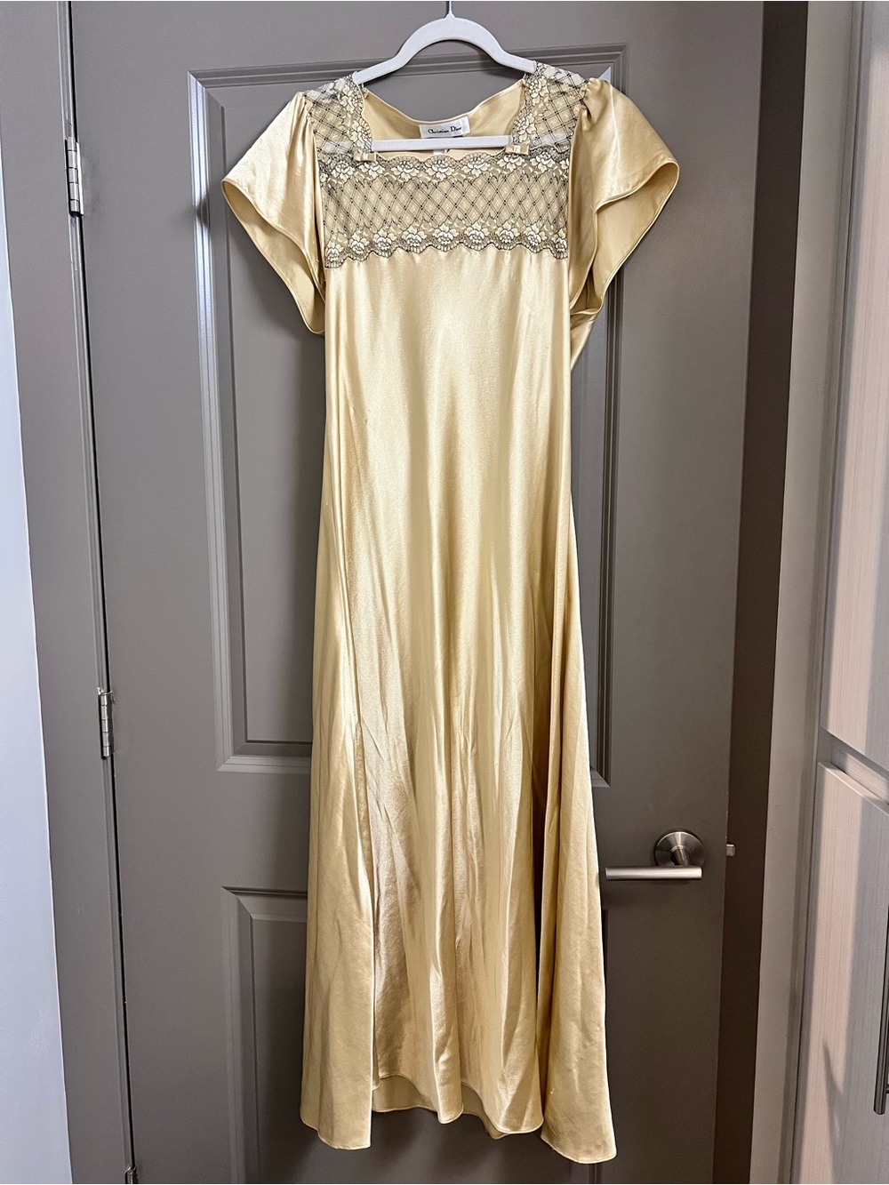 Vintage Christian Dior Nightgown Satin Embroidered Small Gold Tan